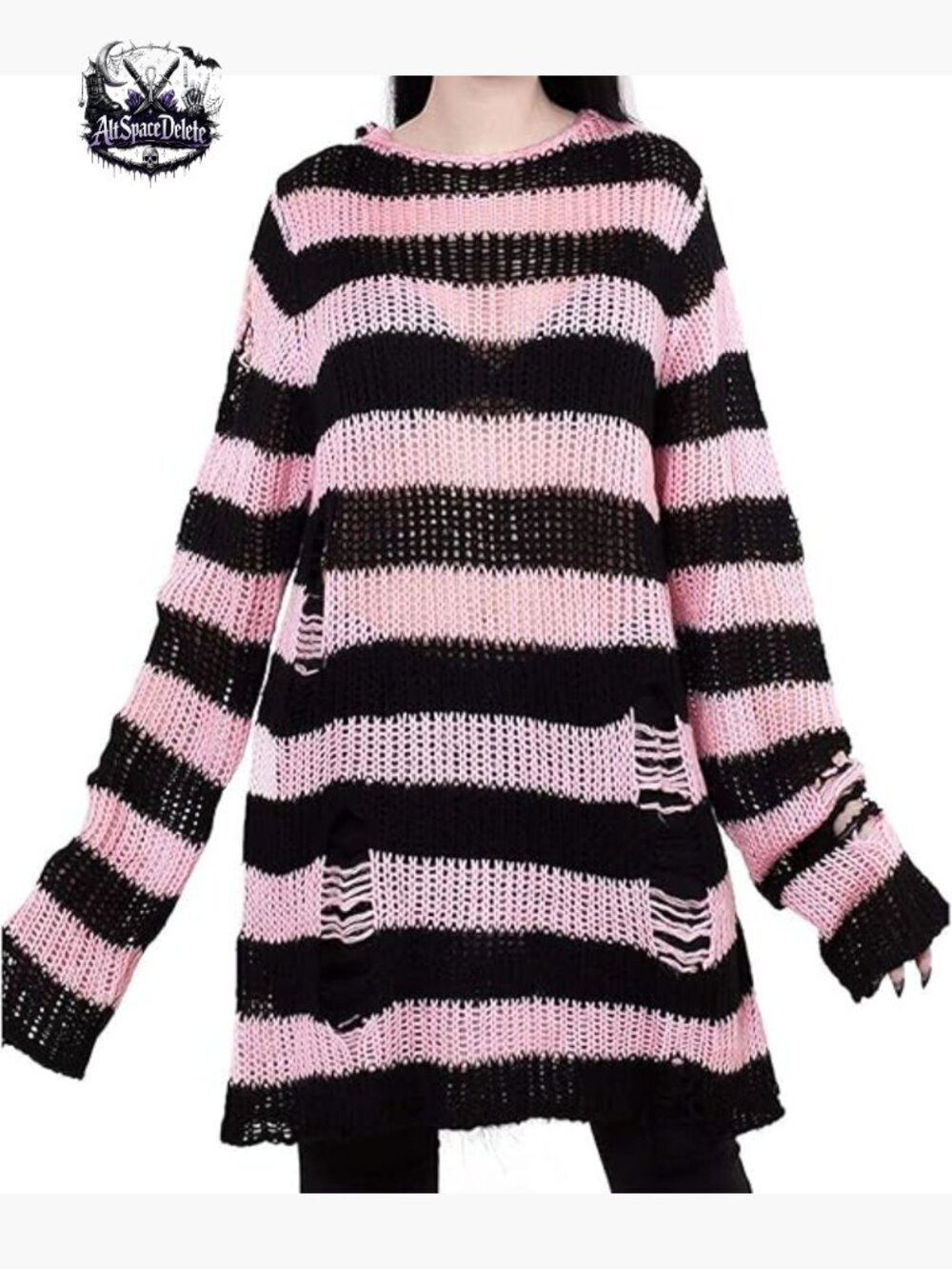 Long Knit Pullover Dress Sweater with Ripped Striped See Through Holes